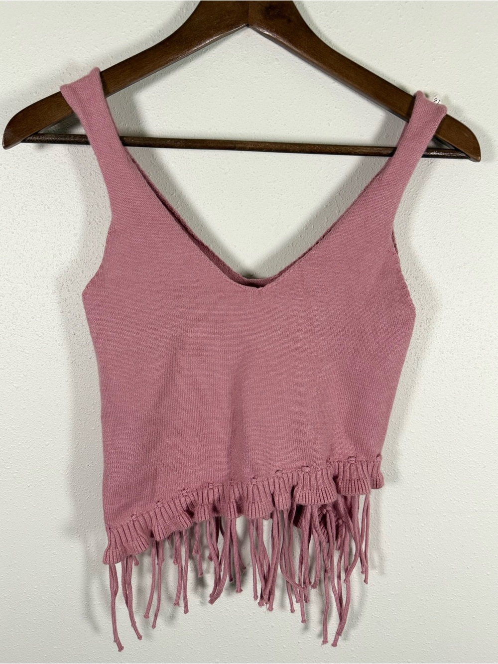 Dusty Rose Knit Fringe Tank Top Asymmetrical Ruffle Hem Y2K Boho